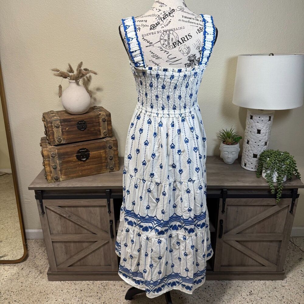 Umgee Blue/White Floral Embroidered Midi Tiered Sundress Size L Smocked Boho - Picture 5 of 8